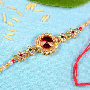 Red and White Stone Kundan Pearl Rakhi