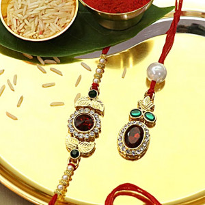 Red Gemstone Rakhi Set for Bhaiya Bhabhi