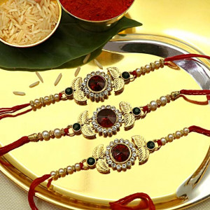 Golden Leaf Red Gemstone Rakhi set of Three