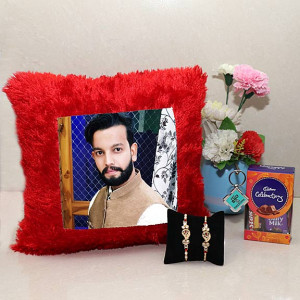 Personalize Square Cushion Rakhi Hamper Set